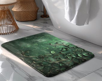 Emerald Green Memory Foam Bath Mat: Gothic Floral Design, Non-Slip Floor Mat