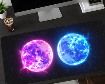 Neon Pink Blue Planet Desk Mat, Vibrant Galaxy Space Mouse Pad