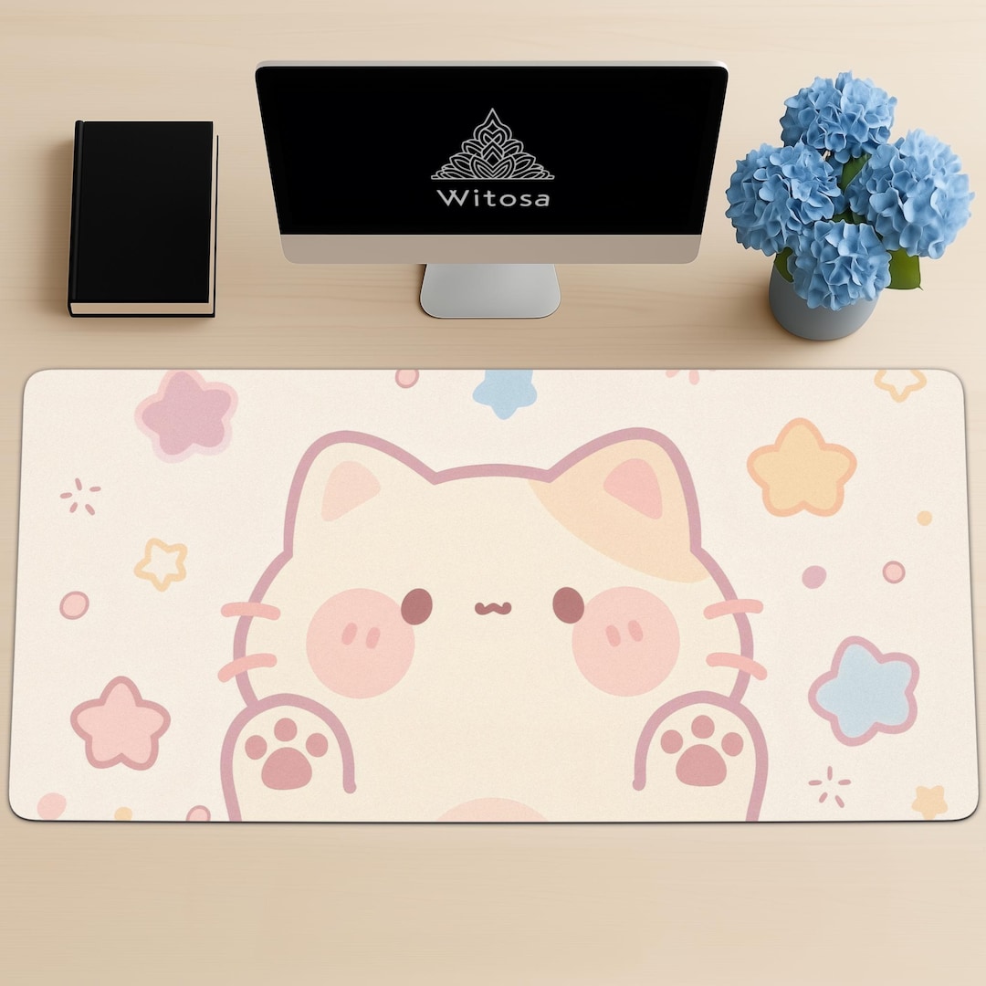Kawaii Kitty Desk Mat – Pastel Stars Mouse Pad – Cozy Anime Desk Accessory - Etsy Vietnam
