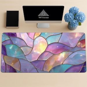 Alfombrilla de escritorio con vitrales pastel – Alfombrilla de ratón abstracta iridiscente