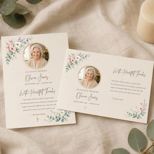 May include: Two cream-colored funeral thank you cards featuring a circular photo of an older woman, floral accents of daisies and eucalyptus, and the text "In Loving Memory," "Olivia Jones," and "With Heartfelt Thanks" in a script font.