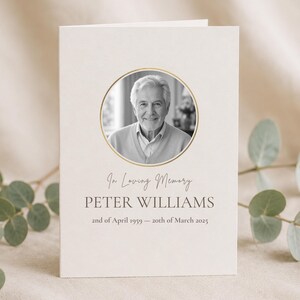 May include: A cream-colored funeral program featuring a circular black and white portrait of an older man. The text reads In Loving Memory, PETER WILLIAMS, and 2nd of April 1959 – 20th of March 2025 in dark brown serif and script fonts.