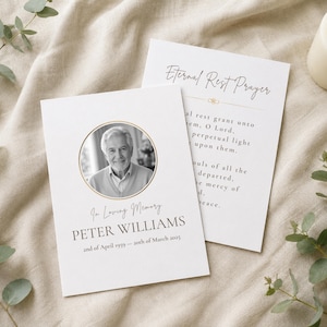 May include: A white funeral program card featuring a circular black and white portrait of a man, the text In Loving Memory, PETER WILLIAMS, and the dates 2nd of April 1959 – 20th of March 2025. A second card displays the text Eternal Rest Prayer.