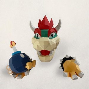 3D Papercraft Mario Bowser Wall Mount, PDF/SVG/dxf Printable Model – DIY 3D Low Poly Origami Paper Sculpture of Bowser with his Bomb