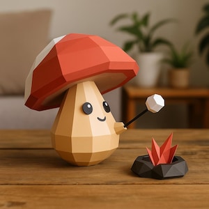 3D-Papierpilz, der einen Marshmallow röstet – PDF-, SVG-, DXF-Vorlage zum Drucken, originelles und lustiges Papierhandwerk zum Zusammenbauen – DIY-Geschenk
