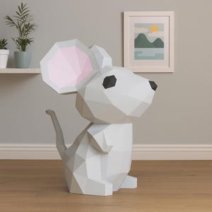 Cute Mouse Papercraft Template, PDF, Digital File of a 3D Paper Animal, Low Poly DIY Decoration for Kids or Nursery