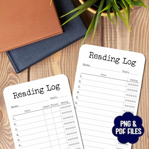 May include: Two white Reading Log sheets with black text, and a blue and brown book on a wooden surface. The sheets have sections for title, rating, and goal. The text "Reading Log" is at the top of each sheet. The image also includes the text "PNG & PDF FILES".
