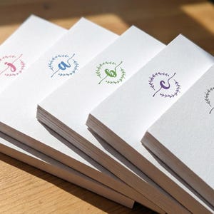 K&ouml;nnte beinhalten: F&uuml;nf Stapel wei&szlig;er rechteckiger Notizkarten, die f&auml;cherf&ouml;rmig angeordnet sind. Jeder Stapel zeigt einen anderen Kleinbuchstaben in Schreibschrift, zentriert innerhalb eines kreisf&ouml;rmigen Lorbeerkranz-Designs. Die Buchstaben sind in Pink, Blau, Gr&uuml;n, Lila und Grau gedruckt.