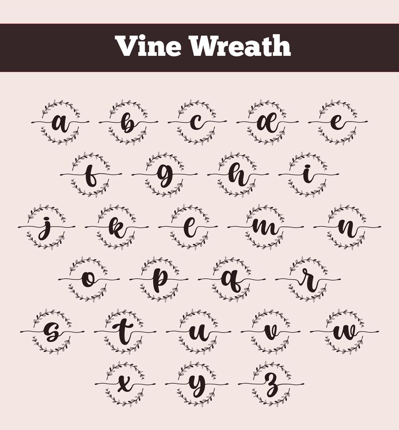 K&ouml;nnte beinhalten: Eine digitale Grafik mit dem Titel Vine Wreath, die das Kleinbuchstaben-Alphabet von a bis z zeigt. Jeder Buchstabe ist in einer dunkelbraunen Schreibschrift dargestellt und von einem kreisf&ouml;rmigen Kranz aus feinen Ranken umgeben.