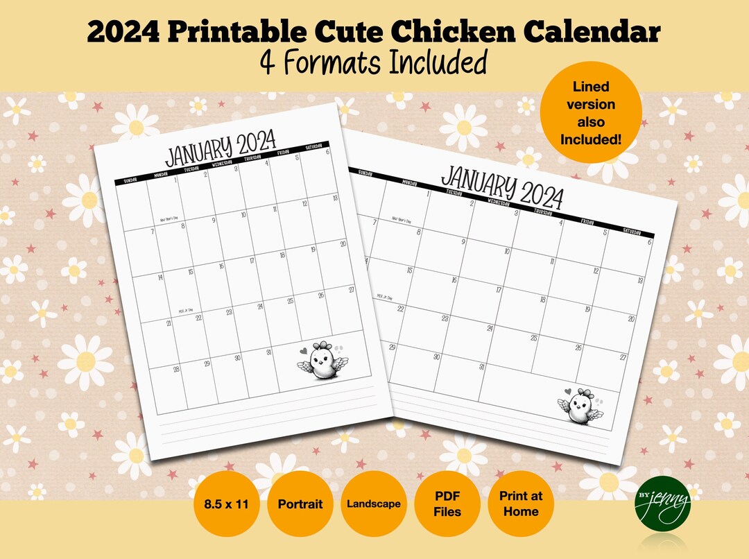 2024 Printable Chicken Calendar, 2024 Monthly Calendar, Instant