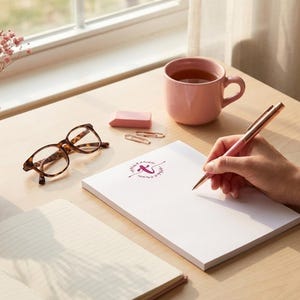 K&ouml;nnte beinhalten: Ein wei&szlig;er Notizblock mit einem kleinen violetten Blumenkranz-Logo und dem Buchstaben T in der Mitte. Der Notizblock wird von einem ros&eacute;goldenen Stift, einer Schildpattbrille, einer rosa Tasse, einem rosa Radiergummi und zwei B&uuml;roklammern begleitet.