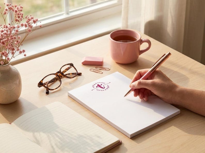 K&ouml;nnte beinhalten: Ein wei&szlig;er Notizblock mit einem kleinen violetten Blumenkranz-Logo und dem Buchstaben T in der Mitte. Der Notizblock wird von einem ros&eacute;goldenen Stift, einer Schildpattbrille, einer rosa Tasse, einem rosa Radiergummi und zwei B&uuml;roklammern begleitet.