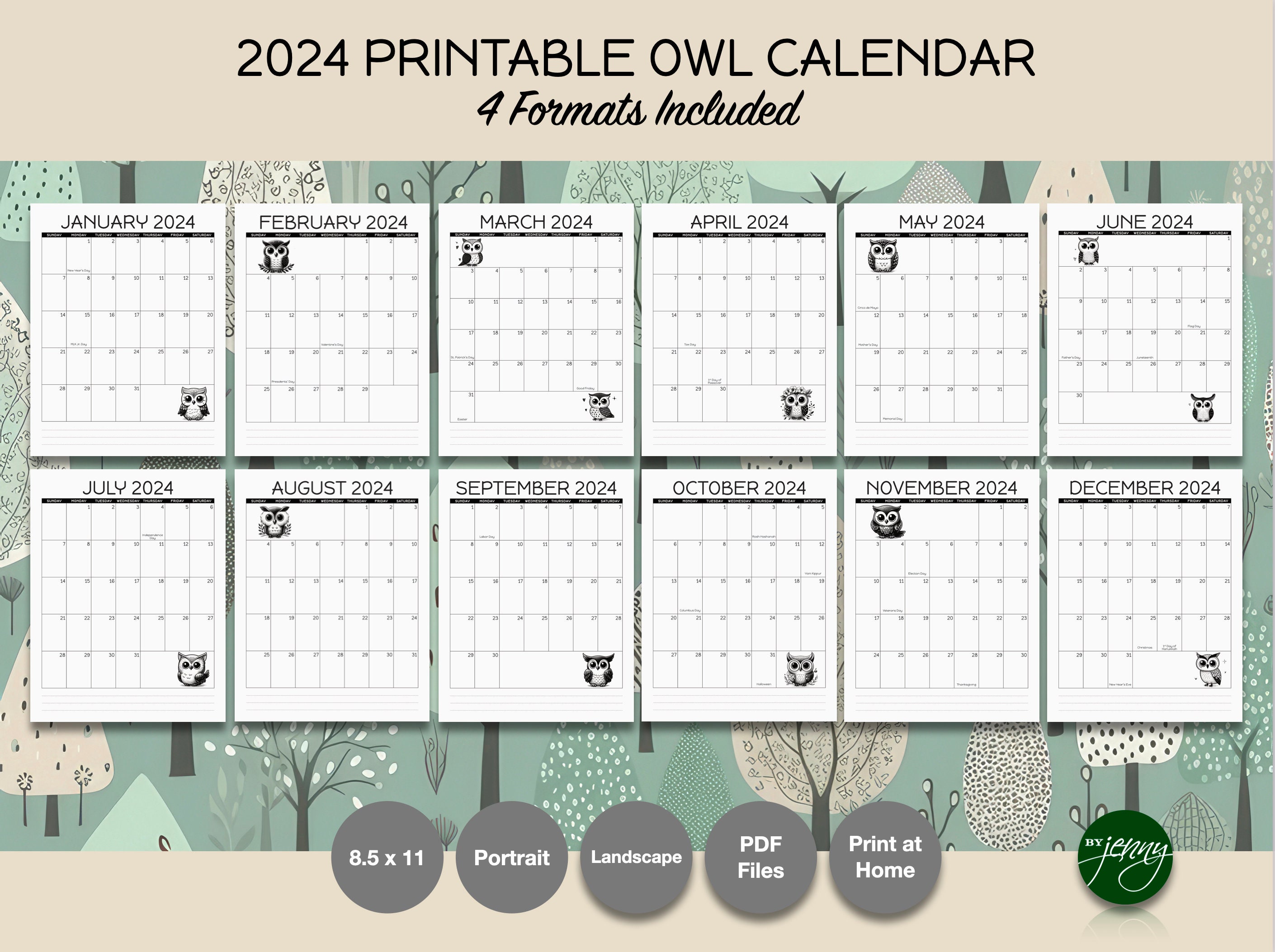 2024 Printable Owl Calendar, 2024 Monthly Calendar, Instant Download