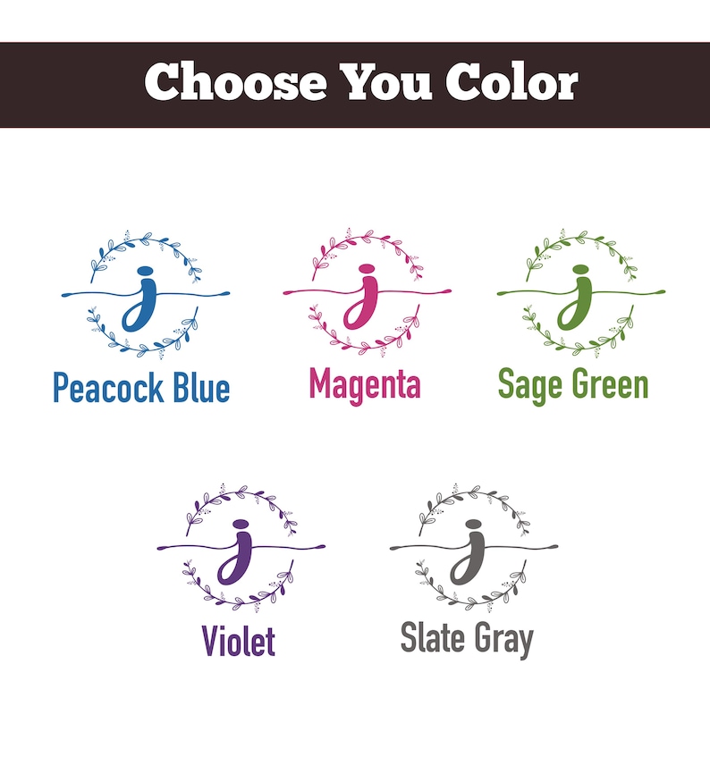 K&ouml;nnte beinhalten: Eine Farbkarte mit dem Titel Choose You Color zeigt f&uuml;nf kreisf&ouml;rmige Logos mit einem kleinen Buchstaben j in einem Blattkranz. Die Optionen sind Peacock Blue, Magenta, Sage Green, Violet und Slate Gray, jeweils mit passendem Text.