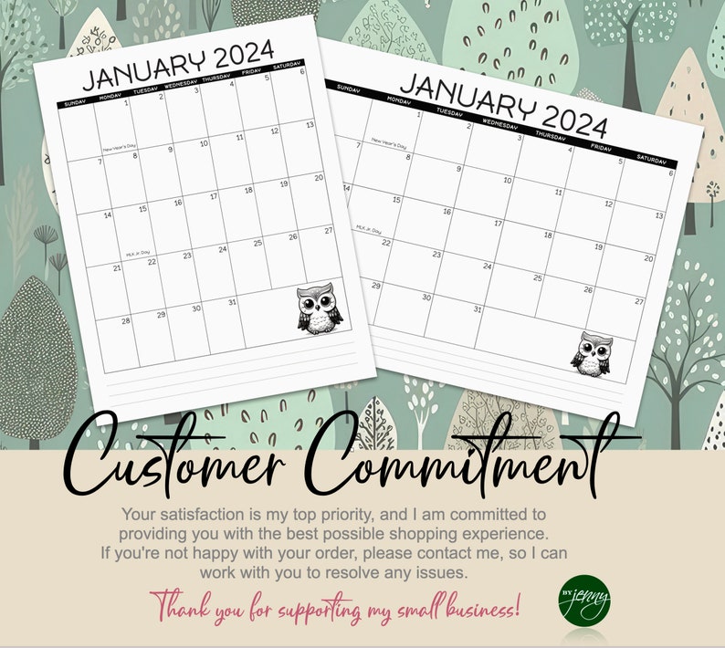 2024 Printable Owl Calendar, 2024 Monthly Calendar, Instant Download