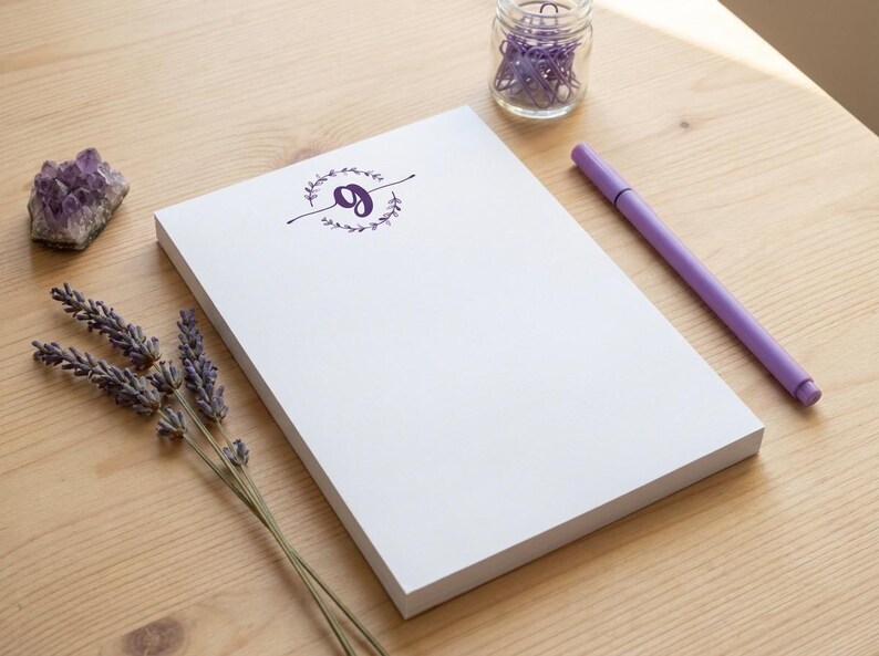 K&ouml;nnte beinhalten: Ein wei&szlig;er Notizblock mit einem violetten Buchstaben g, der in einem kreisf&ouml;rmigen botanischen Kranz zentriert ist. Der Notizblock wird von einem violetten Stift, einem kleinen Glas mit violetten B&uuml;roklammern, einem Amethystkristall und Lavendelzweigen begleitet.