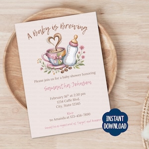A Baby is Brewing Baby Shower Invitation Template, Coffee Bean Baby Invite, Baby Brewing invite, Coffee Theme Baby Shower, Editable Template