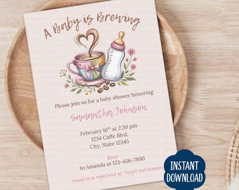 A Baby is Brewing Baby Shower Invitation Template, Coffee Bean Baby Invite, Baby Brewing invite, Coffee Theme Baby Shower, Editable Template