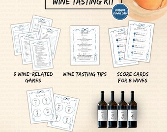 Könnte beinhalten: Ein Wein-Tasting-Kit mit verschiedenen Elementen. Enthält fünf weinbezogene Spiele, Wein-Tipps, Bewertungskarten für acht Weine, Platzsets für acht Gläser und Weinetiketten für acht Flaschen. Der Bausatz ist ein Sofort-Download.