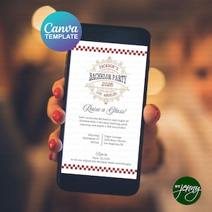 Può includere: Uno smartphone mostra un modello di invito per un addio al celibato. Il design presenta il testo "Jackson's Bachelor Party 2026 Los Angeles". L'invito include i dettagli per un evento di degustazione di whisky.
