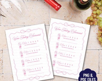 May include: Two white wine tasting scorecards with pink decorative borders and text. The cards have spaces to rate wine on a scale of 1 to 5. The text "Wine Tasting Scorecard" is at the top. The image also includes wine bottles and a wine glass.