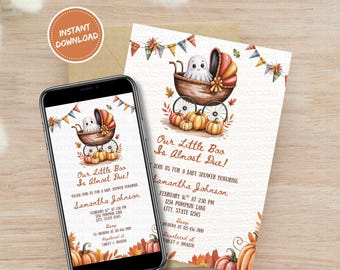 Peut inclure: Une invitation numérique pour une baby shower sur le thème d'Halloween. Le design présente un fantôme dans une poussette, des citrouilles et des feuilles d'automne. Le texte dit "Our Little Boo Is Almost Due!" et comprend les détails de l'événement.