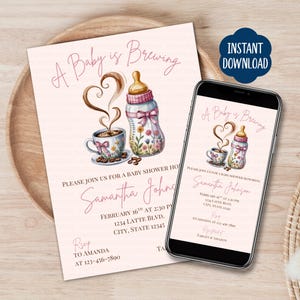 A Baby is Brewing Baby Shower Invitation Template, Coffee Bean Baby Invite, Baby Brewing invite, Coffee Theme Baby Shower, Editable Template