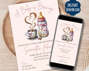 A Baby is Brewing Baby Shower Invitation Template, Coffee Bean Baby Invite, Baby Brewing invite, Coffee Theme Baby Shower, Editable Template