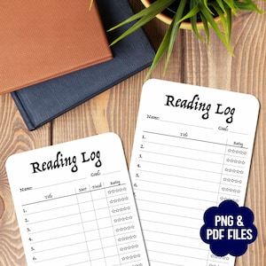 May include: Two white Reading Log sheets with black text, featuring spaces for title, rating, and completion dates. The text "Reading Log" is at the top. A brown and a navy blue book are in the background. The bottom right corner of the image has the text "PNG & PDF FILES".