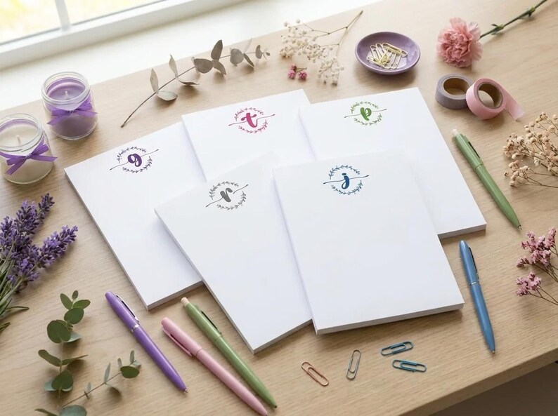 K&ouml;nnte beinhalten: F&uuml;nf wei&szlig;e rechteckige Notizbl&ouml;cke, jeder mit einem einzigartigen Kleinbuchstaben-Monogramm in einem kreisf&ouml;rmigen Blumenkranz-Design. Die Buchstaben g, t, p, r und j sind in verschiedenen Farben dargestellt. Bl&ouml;cke mit Stiften und Blumen.