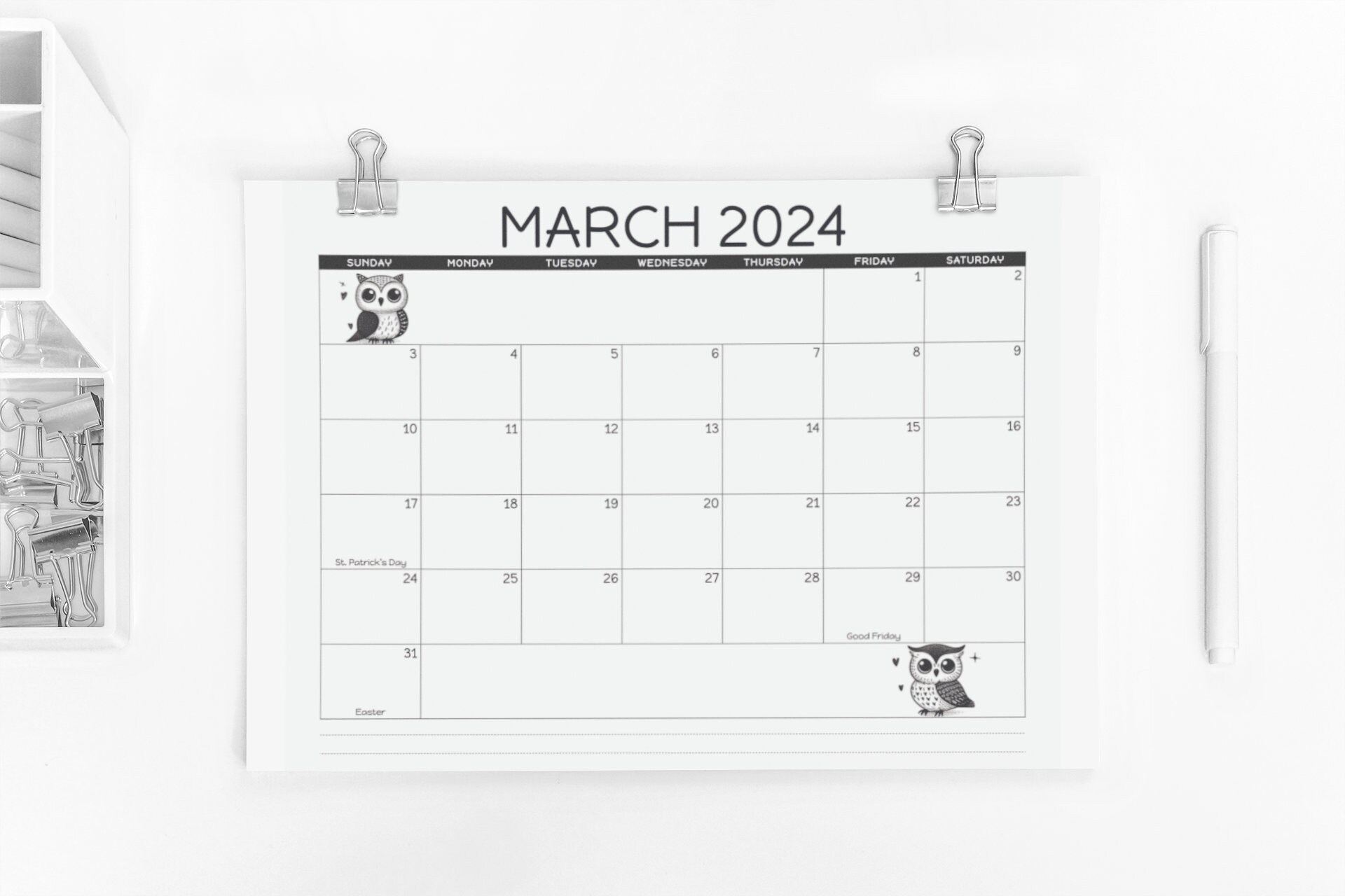 2024 Printable Owl Calendar, 2024 Monthly Calendar, Instant Download