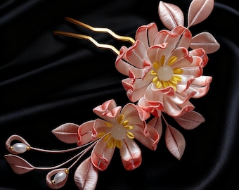 Mulberry Silk Wrapped Flowers Hairpin，Handmade Rong Hua ,  Intangible Cultural Heritage Art, Velvet Flower Hairpin, Unique Handcrafted Gift