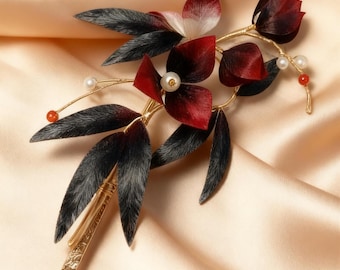 Handmade Ronghua Flower Hairpin • Mulberry Silk, Gothic Bridal Accessory
