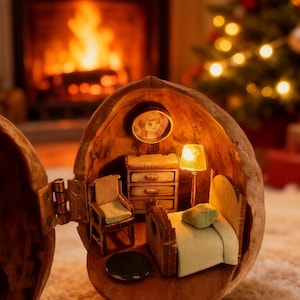 Puede incluir: Una escena de dormitorio en miniatura dentro de una c&aacute;scara de nuez. La peque&ntilde;a habitaci&oacute;n incluye una cama, una silla, una c&oacute;moda y una l&aacute;mpara. El fondo muestra una chimenea y un &aacute;rbol de Navidad con luces, creando un tema festivo.