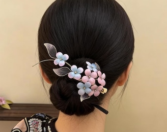 Handgemaakte moerbei-zijdebloemhaarspeld, bruidshaarstukje (Hanfu-accessoire)