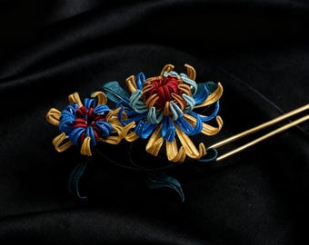 Wrapping Flowers Hairpin Pair, Handmade Chan hua, Intangible Cultural Heritage Art, Velvet Flower Hairpin, Handcrafted Gift