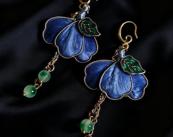 Handmade Velvet Flower Earrings, Rong Hua, Pearl Dangle