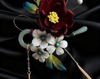 Handmade Mulberry Silk Flower Hairpin • Traditional Chinese Bridal Accessory