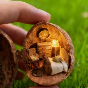 Può includere: Una scena di camera da letto in miniatura dettagliata all'interno di un guscio di noce. La piccola stanza comprende un letto, una sedia, un comò e una lampada. La noce è aperta, rivelando l'interno, con una moneta sul pavimento.