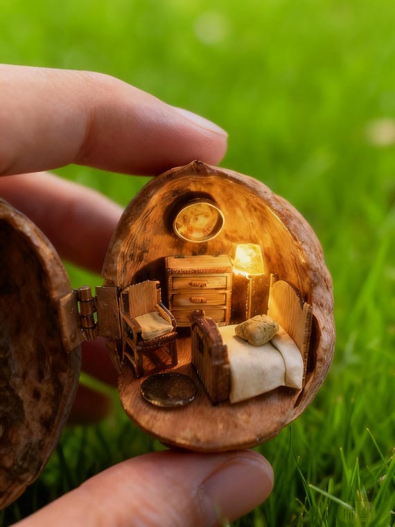 Personalized Walnut Shell Dollhouse, Custom Miniature Photo, Mini Bedroom Scene, Unique Wedding Gift, Handmade Fairy Tale Miniature