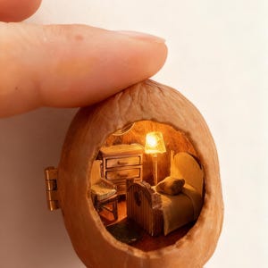 Puede incluir: Una detallada escena de dormitorio en miniatura, tallada dentro de una c&aacute;scara de nuez. La peque&ntilde;a habitaci&oacute;n cuenta con una cama, una c&oacute;moda, una silla y una l&aacute;mpara. La nuez se sostiene entre los dedos, destacando la peque&ntilde;a escala de la obra.