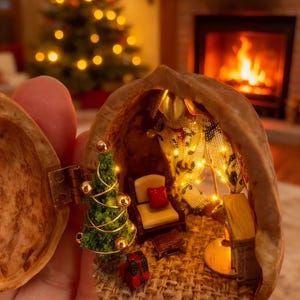 May include: A miniature Christmas scene inside a walnut shell. The interior features a tiny Christmas tree, armchair with a red pillow, a small gift, and a fireplace. The scene is illuminated by small lights, creating a warm, festive atmosphere.