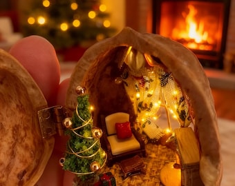 Casa de muñecas de nogal para sala de estar navideña, escena navideña en miniatura, decoración festiva para repisa de chimenea, regalo navideño único
