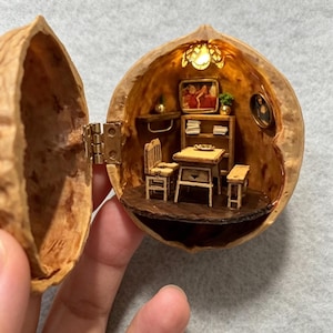 May include: A miniature diorama housed inside a hollowed-out walnut shell, featuring a tiny room with a wooden table, two chairs, a bookshelf, and a small bench. The scene is illuminated by a small overhead light and includes wall art.
