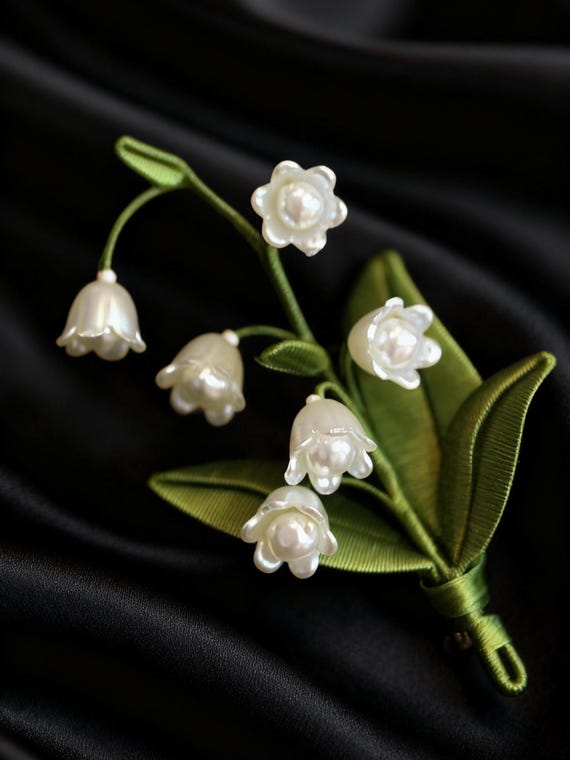 Handmade Mulberry Silk Brooch, Artisan Lily of Valley Pin 