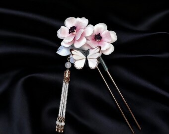 Handmade Mulberry Silk Velvet Flower Hair Pin, Bridal Rong Hua Hairpiece