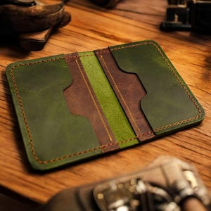 Personalized Handmade Toscano Leather Card Holder: Green & Brown Slim Wallet