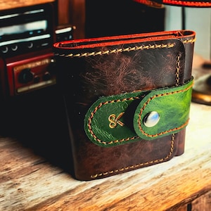 Personalized Hand-Stitched Leather Trifold Wallet: Vintage Green Tobacco Leathers