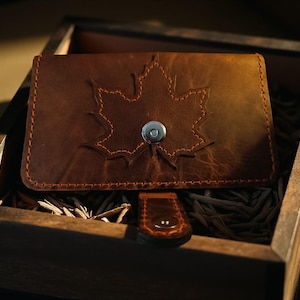 Personalized Handmade Toscano Leather Long Wallet: Maple Leaf, Rustic Clutch, Canada Flag Design