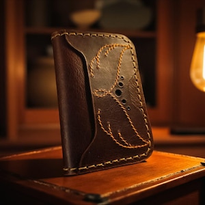 Personalized Handmade Toscano Leather Card Holder: Wing Stitch Design, Slim Minimalist Wallet